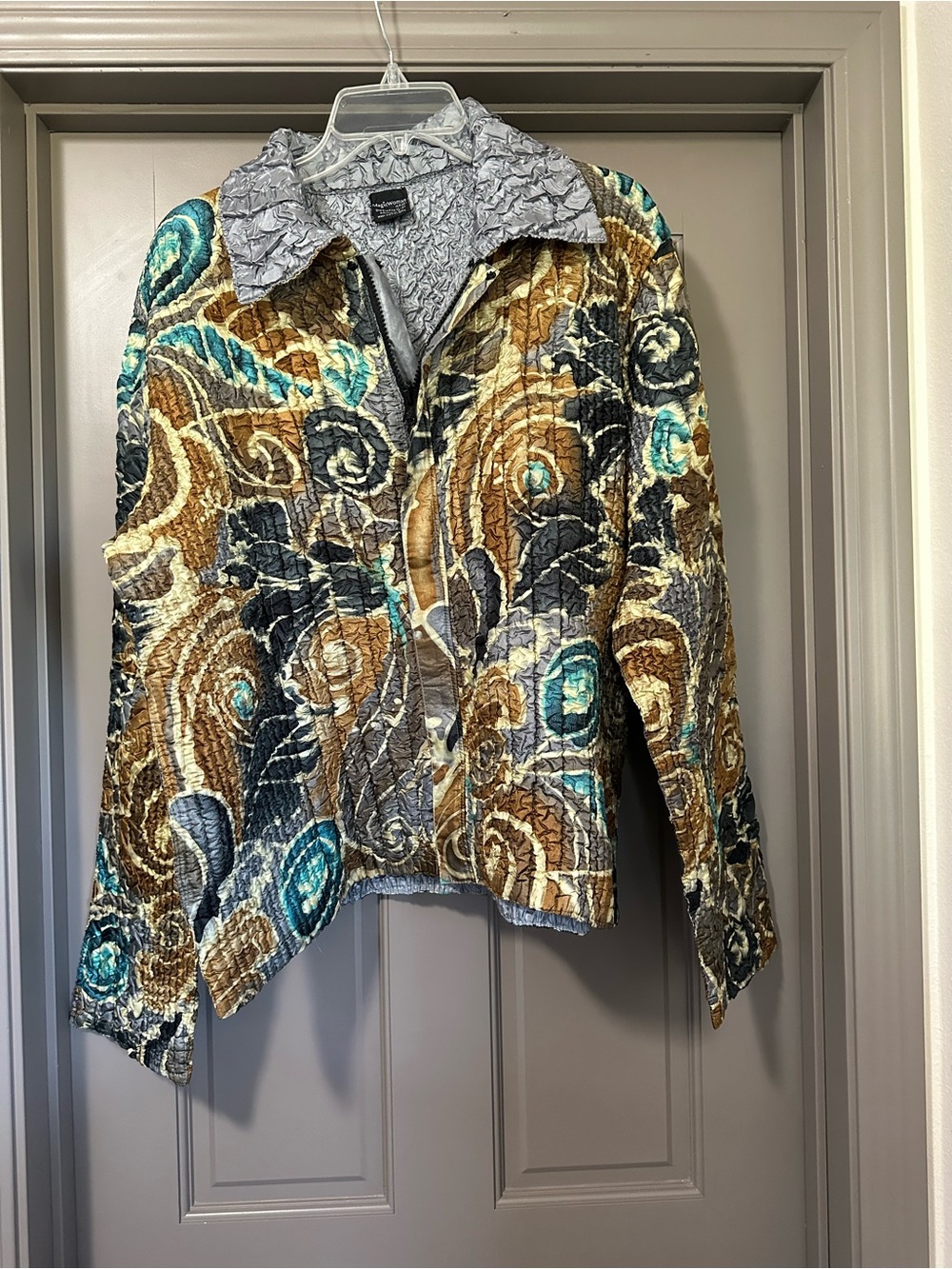 Quilted Floral-Print Jacket in Teal, Brown & Gray -One site fits XL 1x 2x